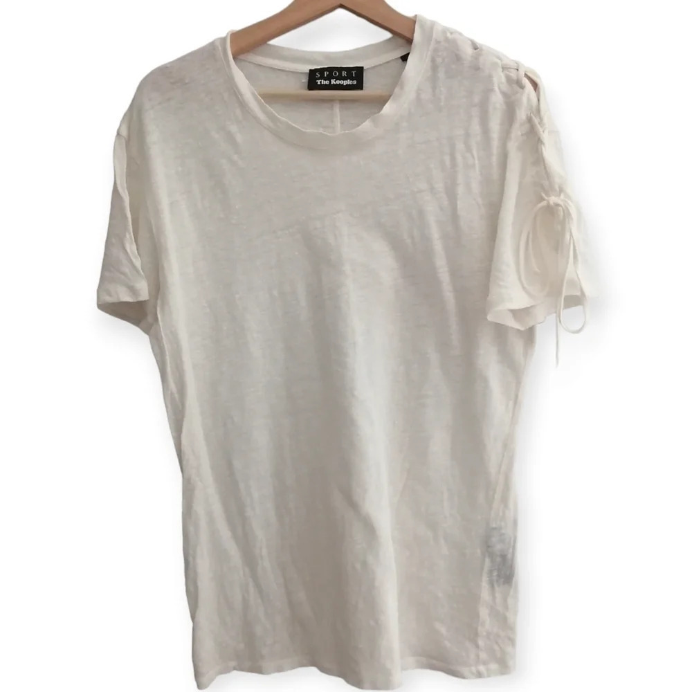 The Kooples Sport Linen Short Sleeve T-Shirt Lace Up Sleeve Off White 2 Medium